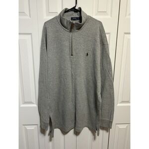 Polo Ralph Lauren 1/4 Zip Cotton Sweater Gray Mock Neck Leather Zip Pull 2XL
